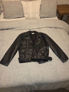 Topshop Black Faux Leather Moto Jacket with Belt